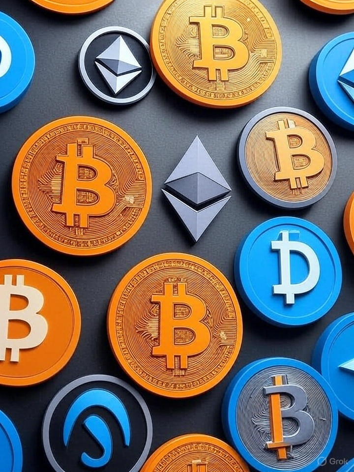 विभिन्न Cryptocurrency लोगो जैसे Bitcoin और Ethereum, जो डिजिटल फाइनेंस और ब्लॉकचेन तकनीक का प्रतिनिधित्व करते हैं।