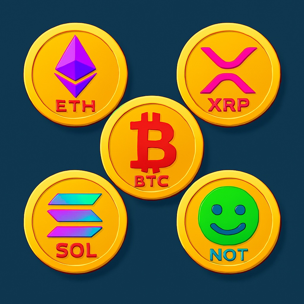 आज के टॉप ट्रेंडिंग कॉइन्स के लोगो का कोलाज (ETH, XRP, BTC, SOL, NOT