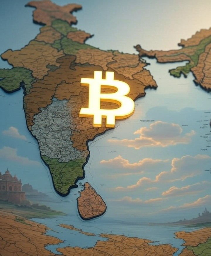 2025 भारत का नक्शा जिस पर बिटकॉइन के सिंबल चमक रहे हैं