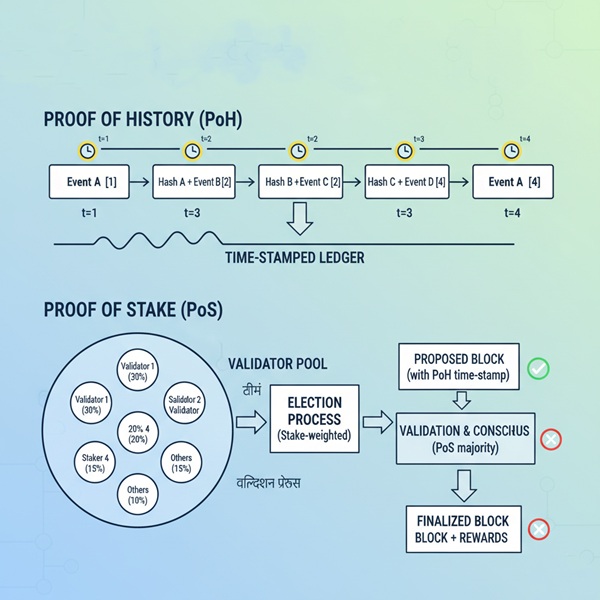 Solana Blockchain Proof of History और Proof of Stake Technology Diagram 2025