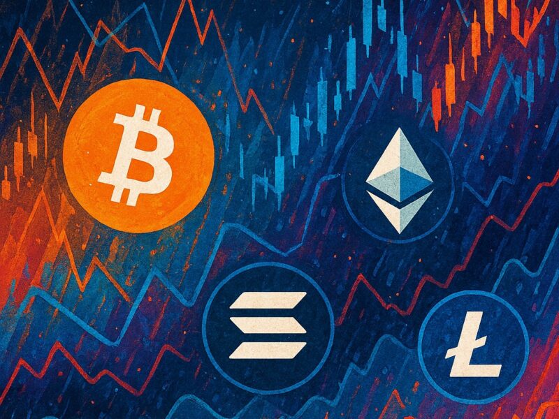 आज का Crypto Market Update, जिसमें Bitcoin, Ethereum, Solana और अन्य प्रमुख कॉइन्स के लोगो हैं"